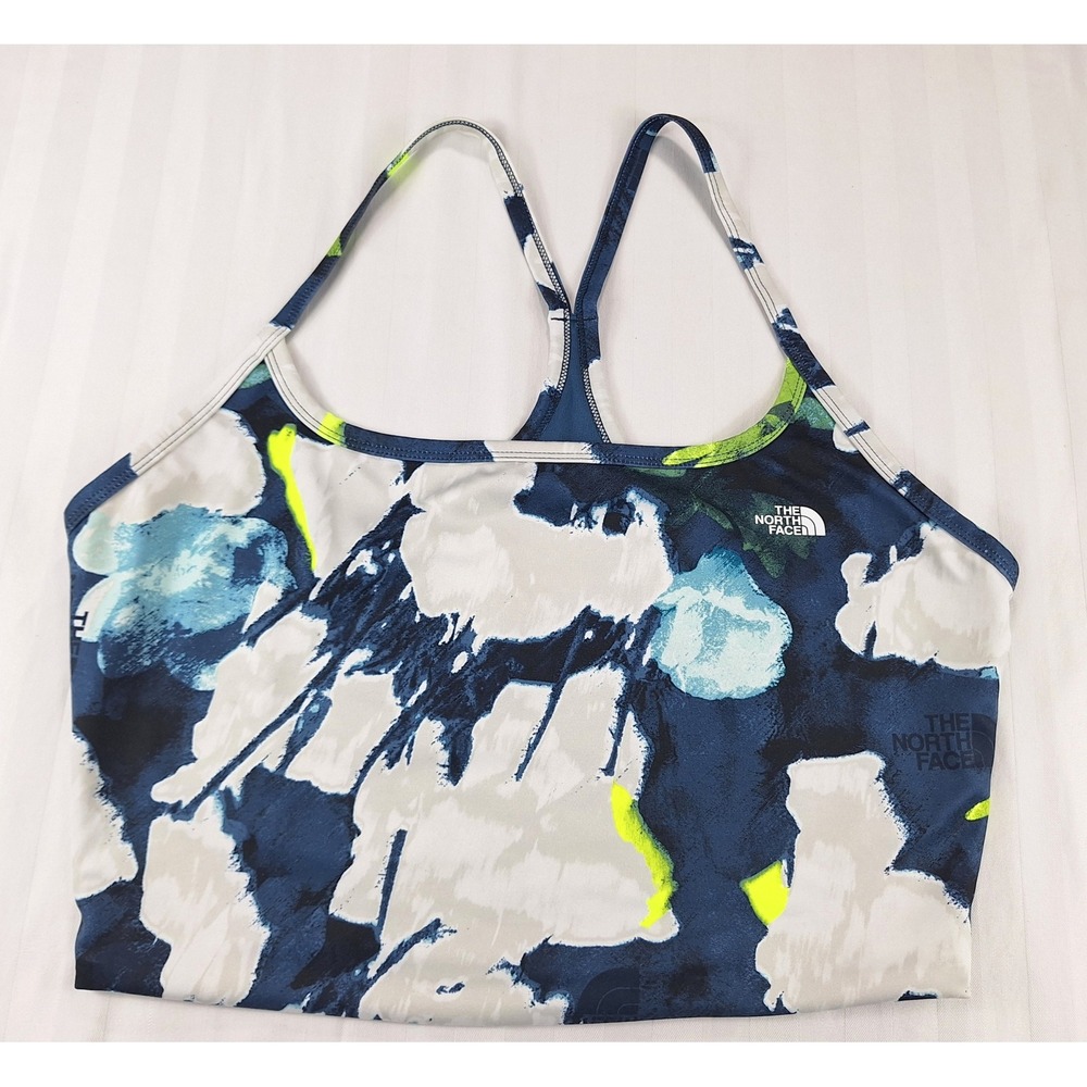 The North Face Womens XL Blue White Floral Racerback Active Crop Top Tank Logo
